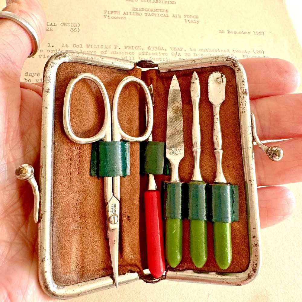 VTG Mini Manicure Set German Brown Leather 3 In Tattered Leather Case Pocket